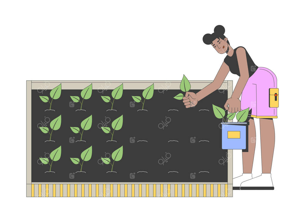 زن آفریقایی-آمریکایی در حال باغبانی و کاشت نهال‌ها در خاک - شخصیت کارتونی دوبعدی. زن سیاه‌پوست در حال مراقبت از باغچه. طرح رنگارنگ و ایزوله شده بر روی زمینه سفید.