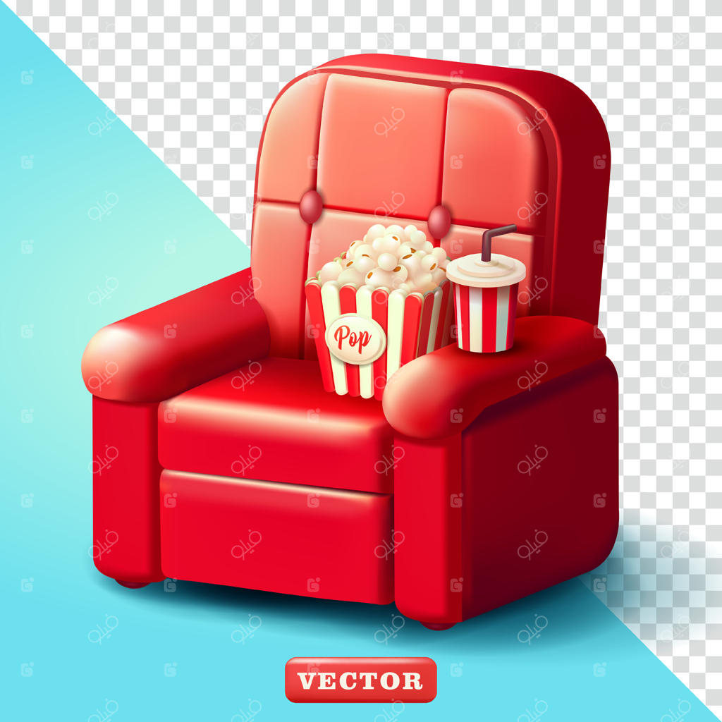 صندلی‌های سینما با پاپ‌کورن و نوشیدنی سه‌بعدی: مناسب برای طراحی صحنه و عناصر سینمایی