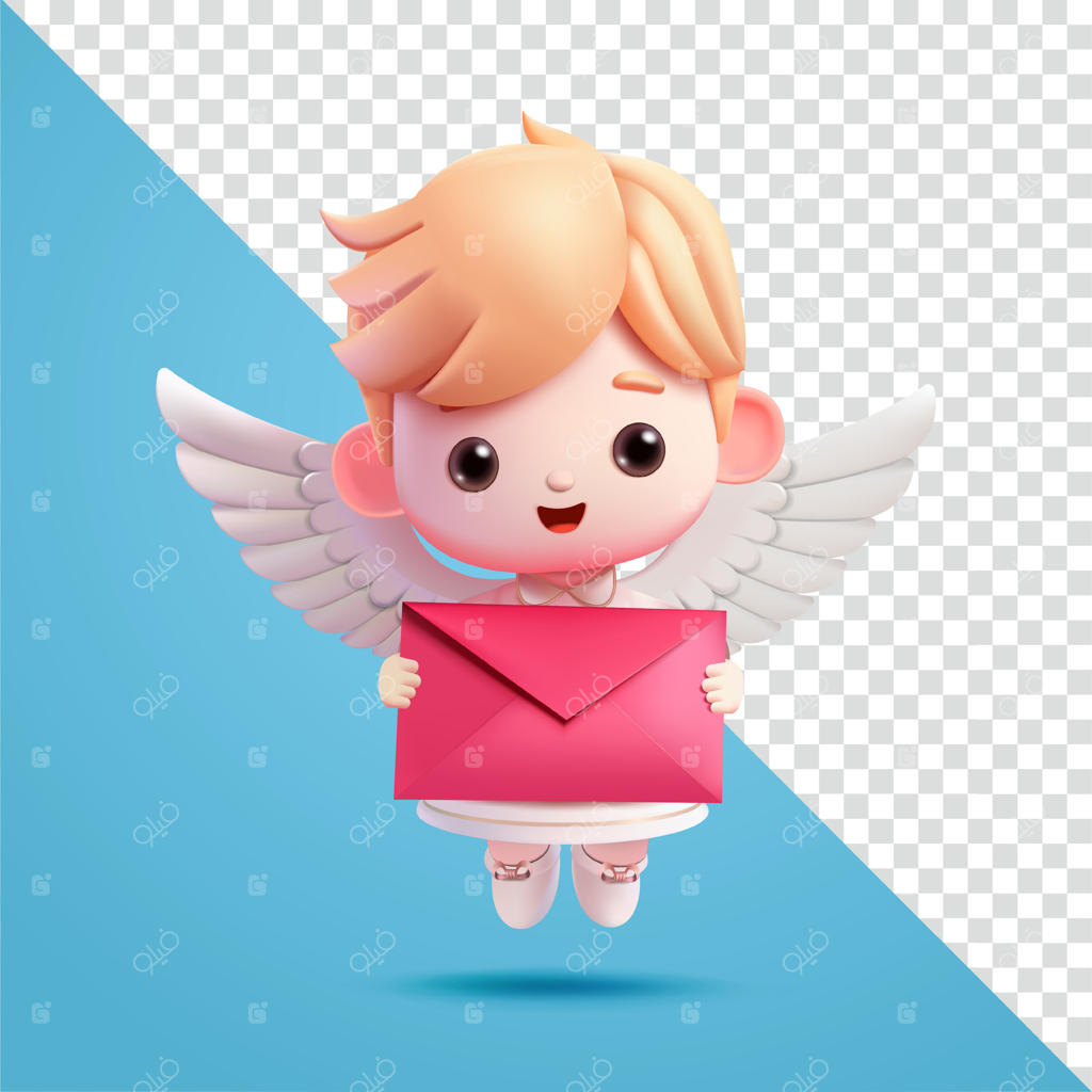 کودک فرشته‌وار در حال حمل پاکت نامه، سه‌بعدی. مناسب برای رویدادها، تبلیغات، ولنتاین و عشق