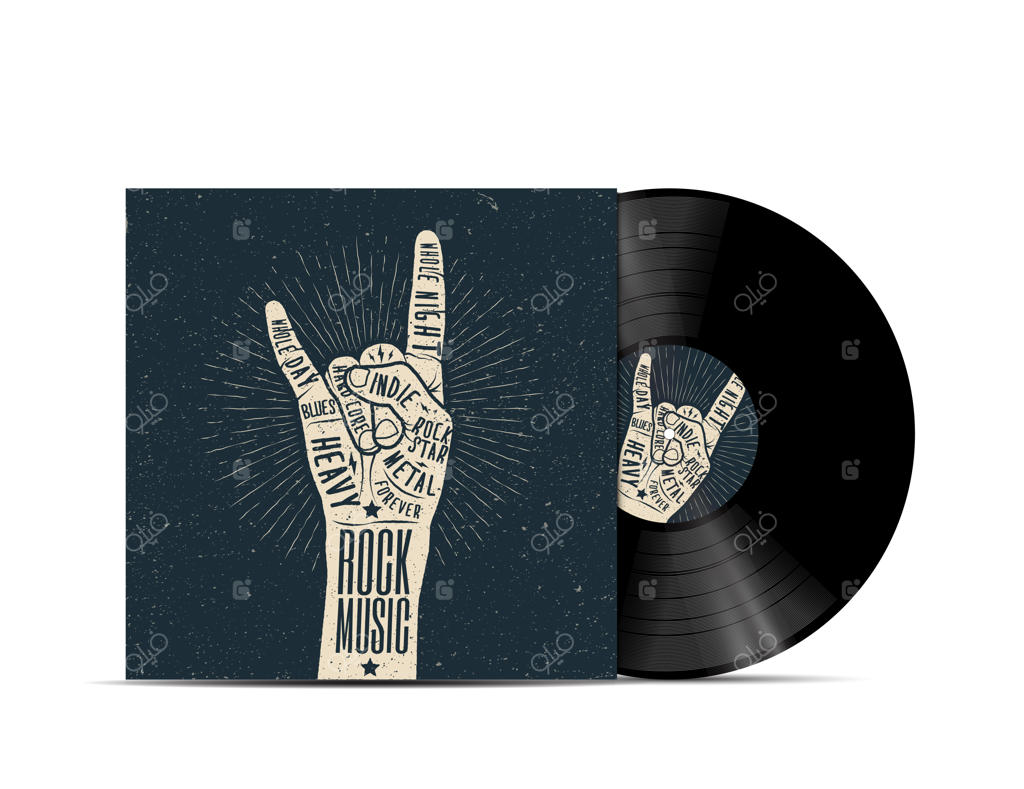 طرح جلد صفحه وینیل موسیقی راک: کاوری برای لیست پخشِ موسیقی شما، بر روی زمینه‌ای سفید. تصویرسازی واقع‌گرایانه.