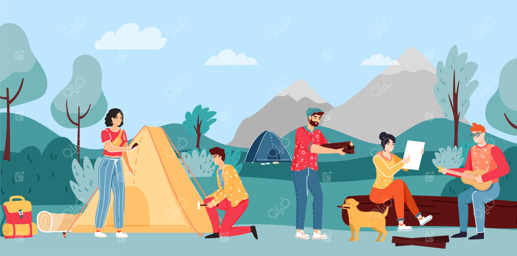 افرادی در حال اردو زدن، برپایی چادر، مردی با سگ‌اش که هیزم برای آتش جمع می‌کند، شخصی در حال نواختن گیتار