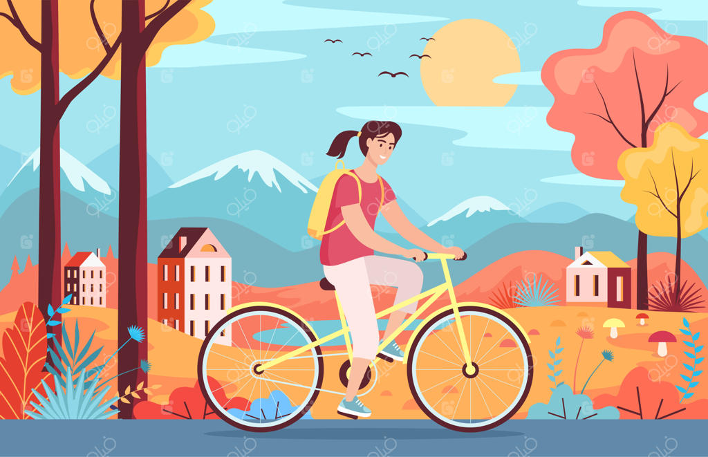 دختر بامزه سواره دوچرخه زرد در پارک پاییزی