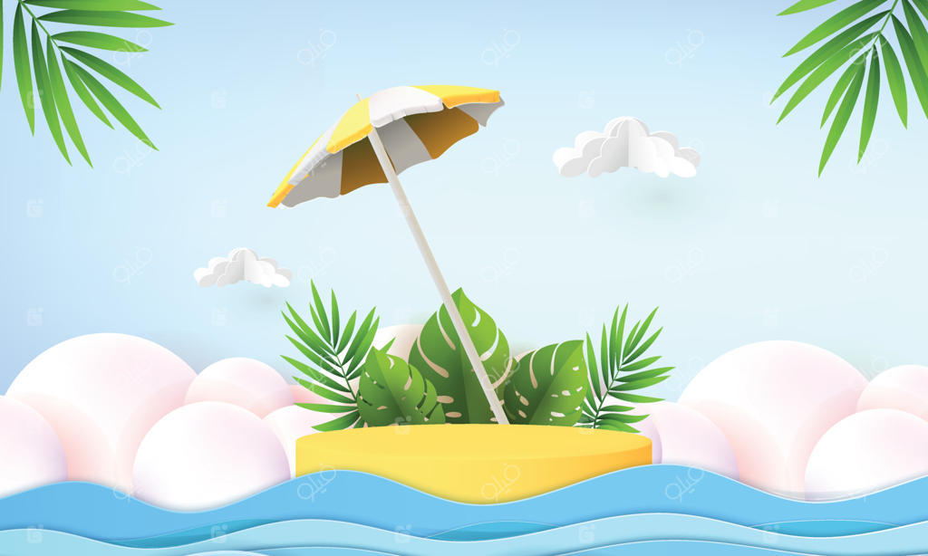 ماکت سه‌بعدی جایگاه هندسی با برگ‌های گرمسیری، مفهوم طبیعی برای نمایش در پس‌زمینه زرد - صحنه‌ای انتزاعی و مینیمال برای ارائه محصول در فصل تابستان با هنر کاغذی