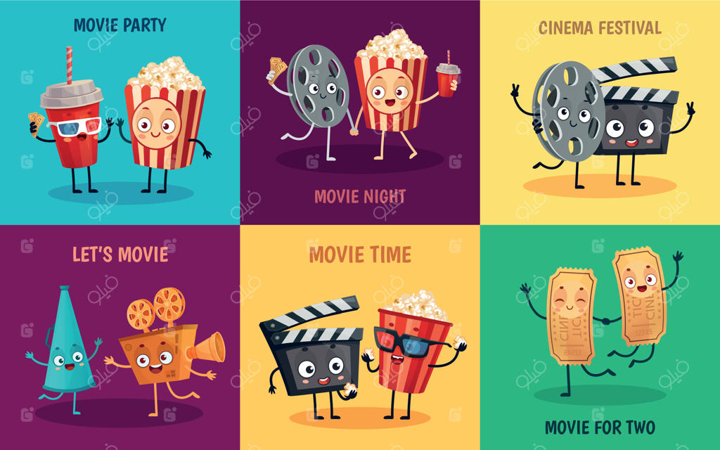 شخصیت‌های کارتونی سینما: دوستان بامزه پاپ‌کورن، بلیت‌های سینما و عینک سه‌بعدی - مجموعه وکتور دوستانه