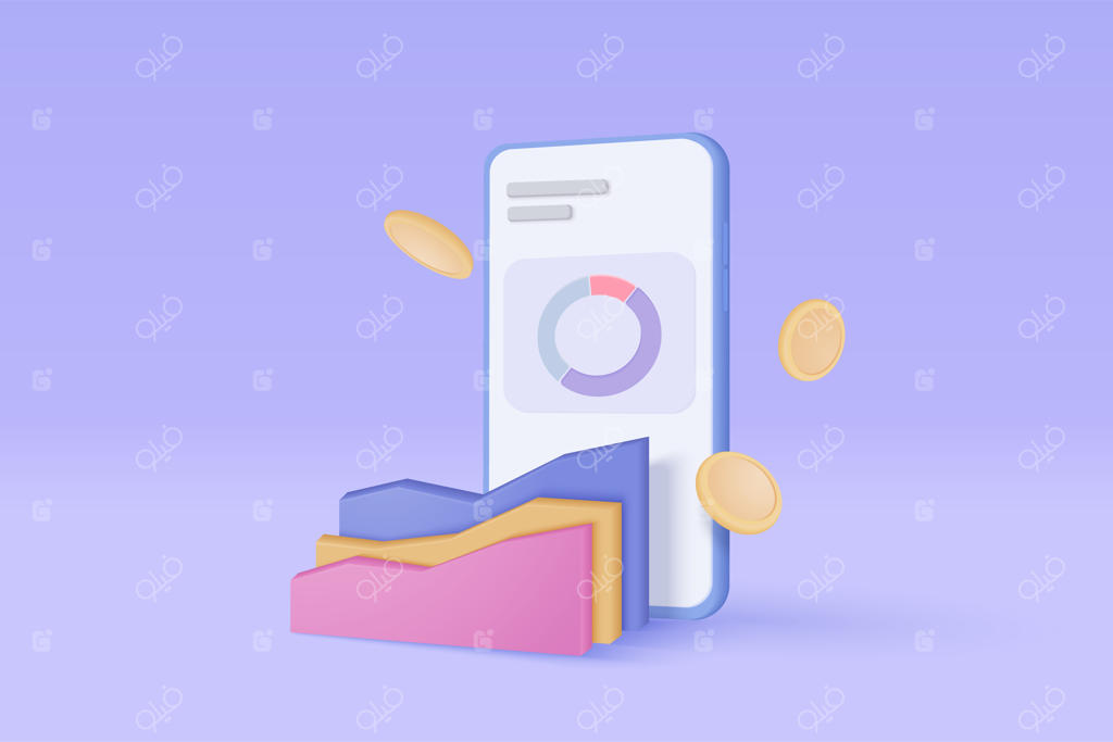 نمودار سه‌بعدی کسب‌وکار موبایل با مفهوم رشد سرمایه‌گذاری: راه‌حل‌های خلاقانه، سکه‌های پول، اطلاع‌رسانی مالی و آیکون تجارت آنلاین سه‌بعدی