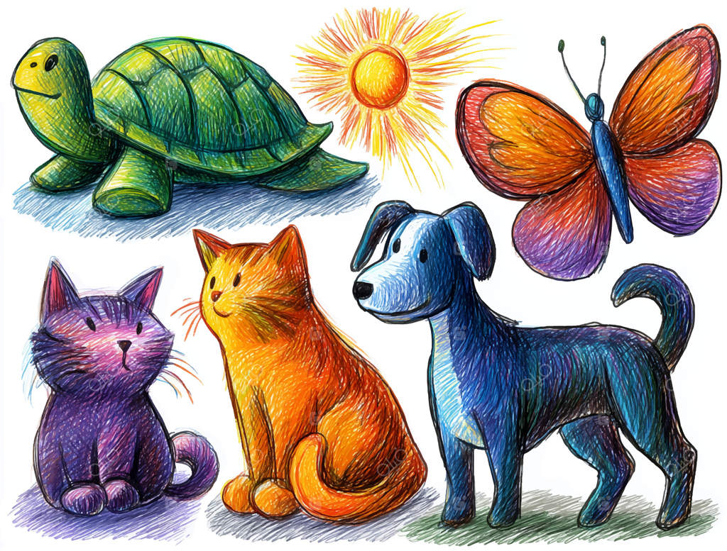 نقاشی رنگارنگ لاک‌پشت، پروانه، سگ و گربه‌ها در باغی شاداب زیر آفتاب درخشان