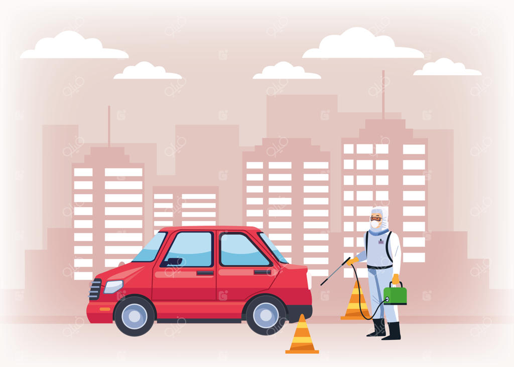 کارگر ایمن‌زیستی با خودرو ضدعفونی‌کننده برای پیشگیری از کووید۱۹