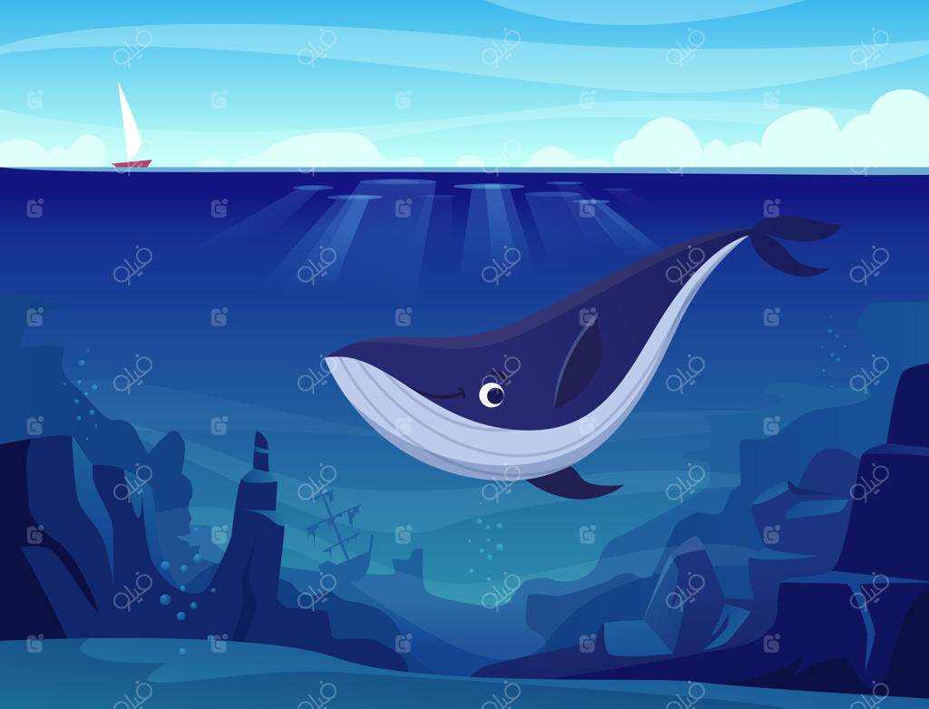 زندگی زیر آب: نهنگ‌ها و ماهی‌های بزرگ در اعماق دریای آبی - حیوانات وحشی در حال شنا در پس‌زمینه کارتونی دقیق