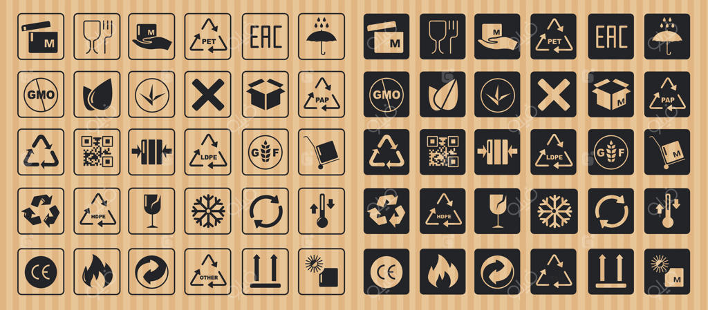 نمادهای ایمنی بسته‌بندی: برچسب‌های حمل و نقل بار با علائمی مانند شکستنی، با احتیاط حمل شود، روی هم قرار ندهید، خشک نگه دارید، و نشانگرهای بالا. مجموعه‌ای کامل و جداگانه.