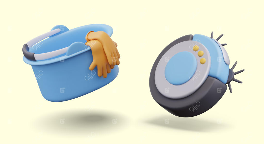 سطل پلاستیکی با دستکش لاستیکی و جاروبرقی رباتیک، قالب‌های طراحی