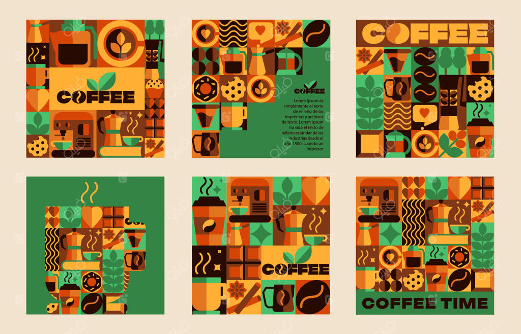 بنرهای مربعی قهوه باوهاوس با الگوهای یکپارچه، آیکون ها و نمادهای انتزاعی هندسی