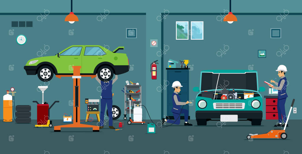 کارکنان در حال بررسی و تعمیر خودروها در گاراژ هستند.