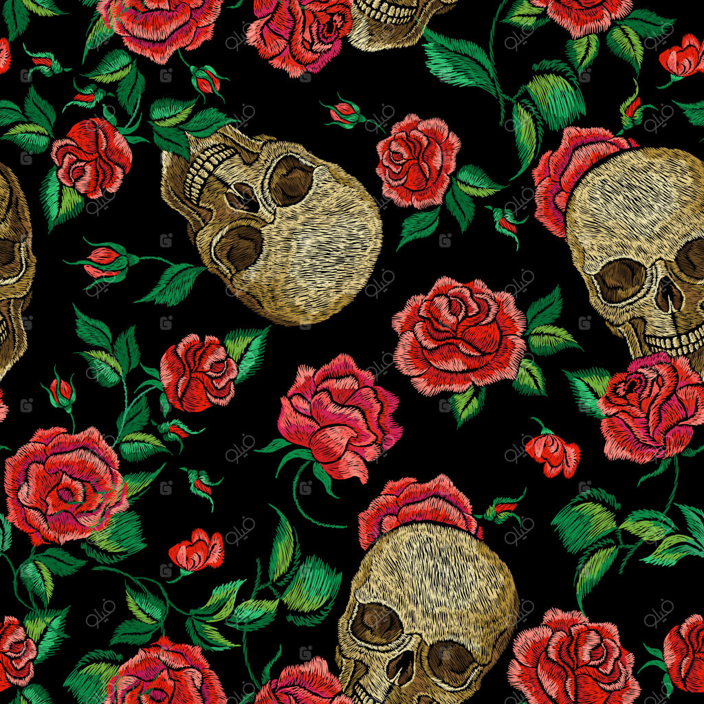 طرح پارچه بدون درز با جمجمه و گل رز - چاپ لباس با جمجمه و گل‌ها روی زمینه تیره، الگوی وینتیج گوتیک راک. طراحی روز مردگان در سبک امروزی.
