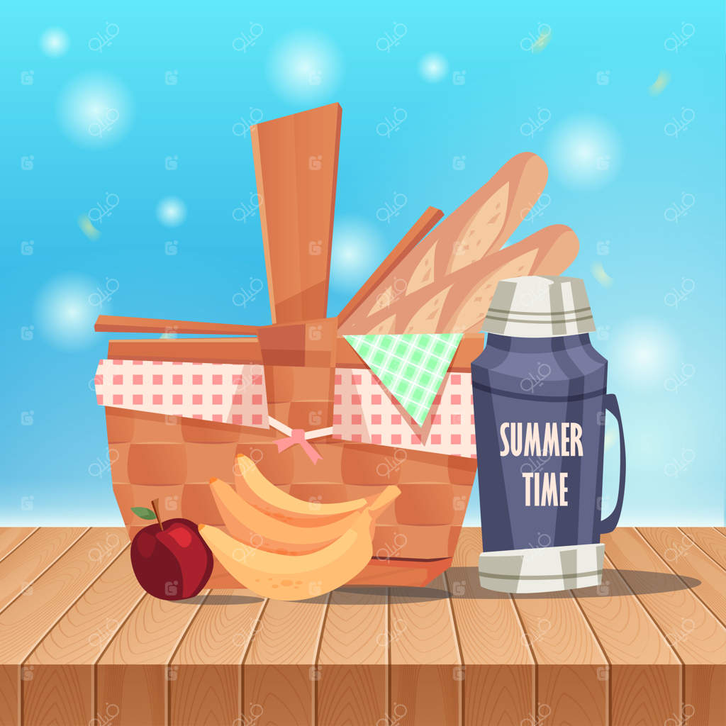سبد پیک‌نیک روی میز و چشم‌انداز بهاری