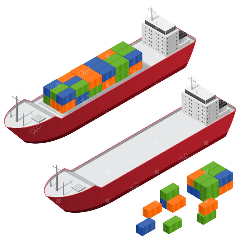 نمای ایزومتریک کشتی باری و کانتینرهای رنگی حمل‌ونقل باربری.