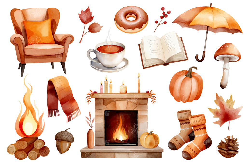 پاییز دنج با آبرنگ: چای، جوراب، کدو، کتاب، صندلی، برگ‌ها، شال‌گردن و شومینه. نقاشی دستی