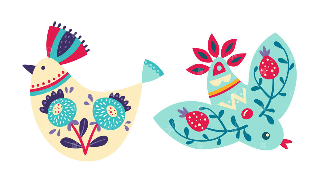 دو پرنده رنگارنگ با گل و برگ