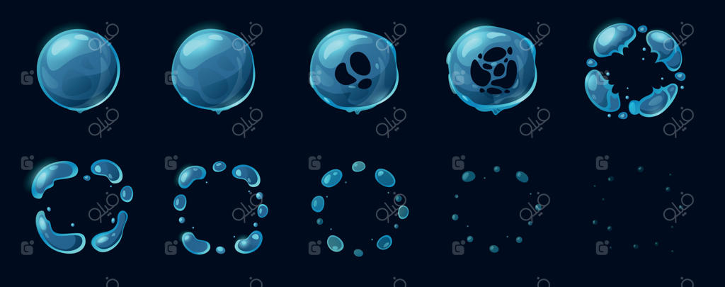 انیمیشن حباب صابون: حباب‌های کارتونی و ترکیدن، افکت کف و کره آبی، مجموعه اسپریت بازی دوبعدی. دنباله حباب آب وکتور