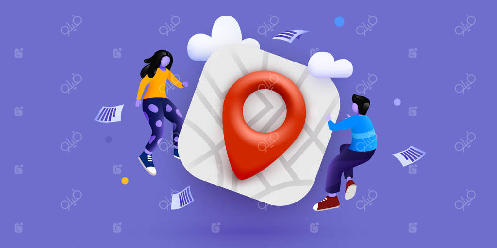 افراد کوچک در حال پرواز در اطراف نقشه بزرگ با نماد نقشه - مفهوم سفر یا گردش - علامت مکان یا اطلاعات تماس