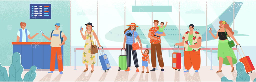 مردان و زنان با چمدان در صف انتظار برای پرواز. تصویر کارتونی از صف افراد مقابل پذیرش.