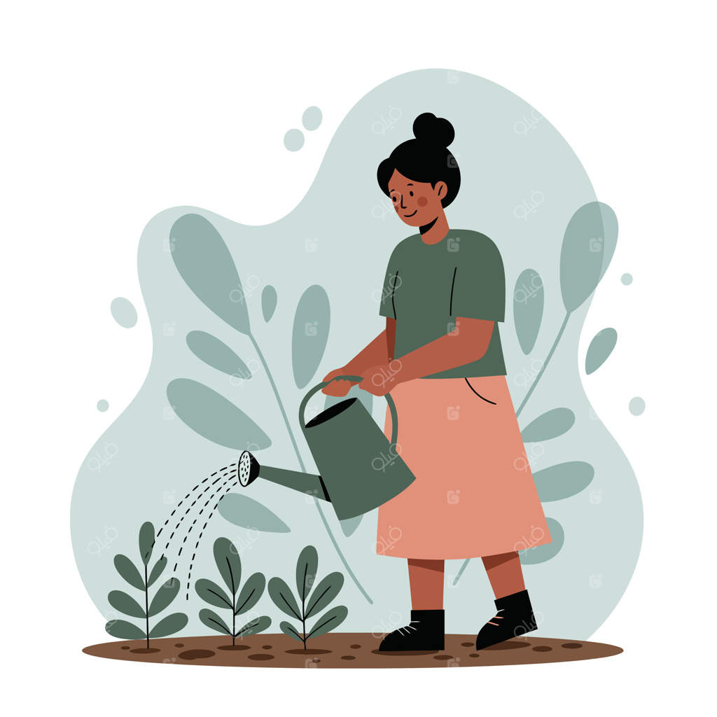 زنی در باغ با آبپاش در میان برگ‌های سبز و محیطی آرام در حال آبیاری گیاهان است