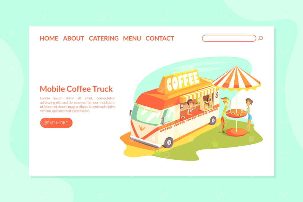 قالب صفحه فرود برای کامیون قهوه سیار، کافه خیابانی و مناظر طبیعی با تصویر کامیون غذا