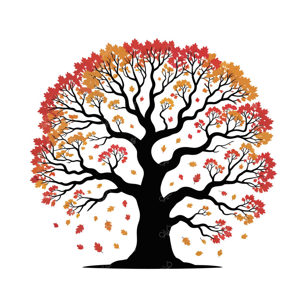 تصویر سایه‌نمای درخت پاییزی با برگ‌های در حال افتادن و طراحی شاخ و برگ‌های رنگارنگ