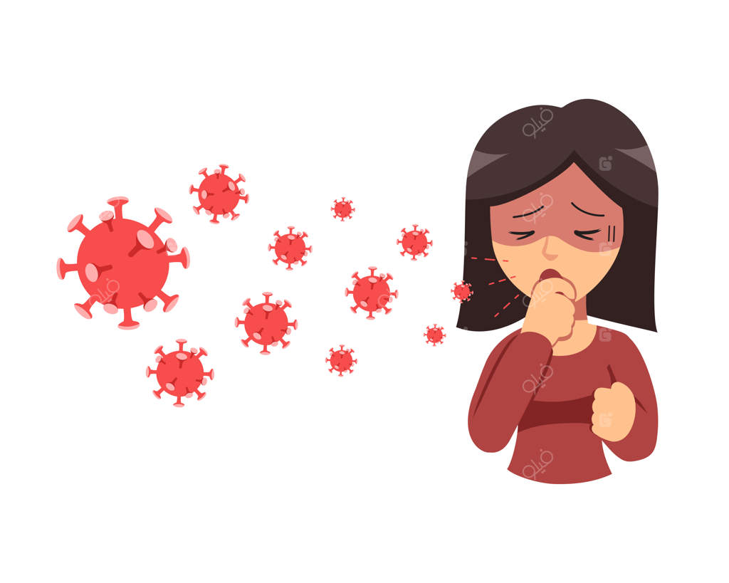 مفهوم محافظت از کووید-۱۹: زن سرفه‌کننده و انتشار ویروس در هوا