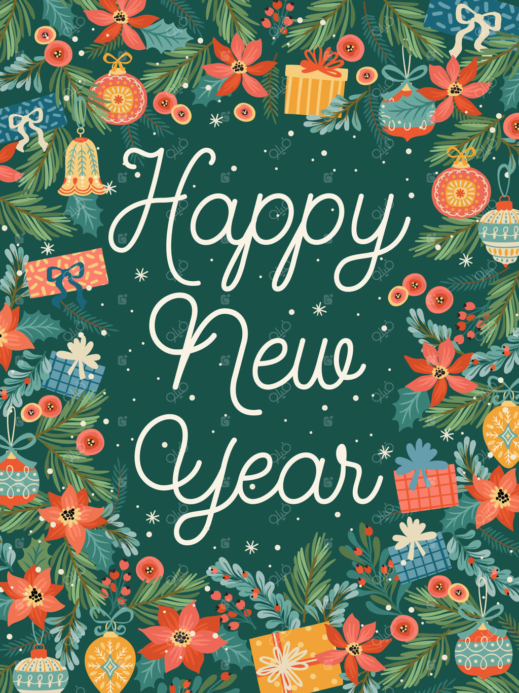 پوستر کریسمس و سال نو مبارک با تزئینات کریسمس. سبک رترو مدرن. قالب طراحی وکتور.