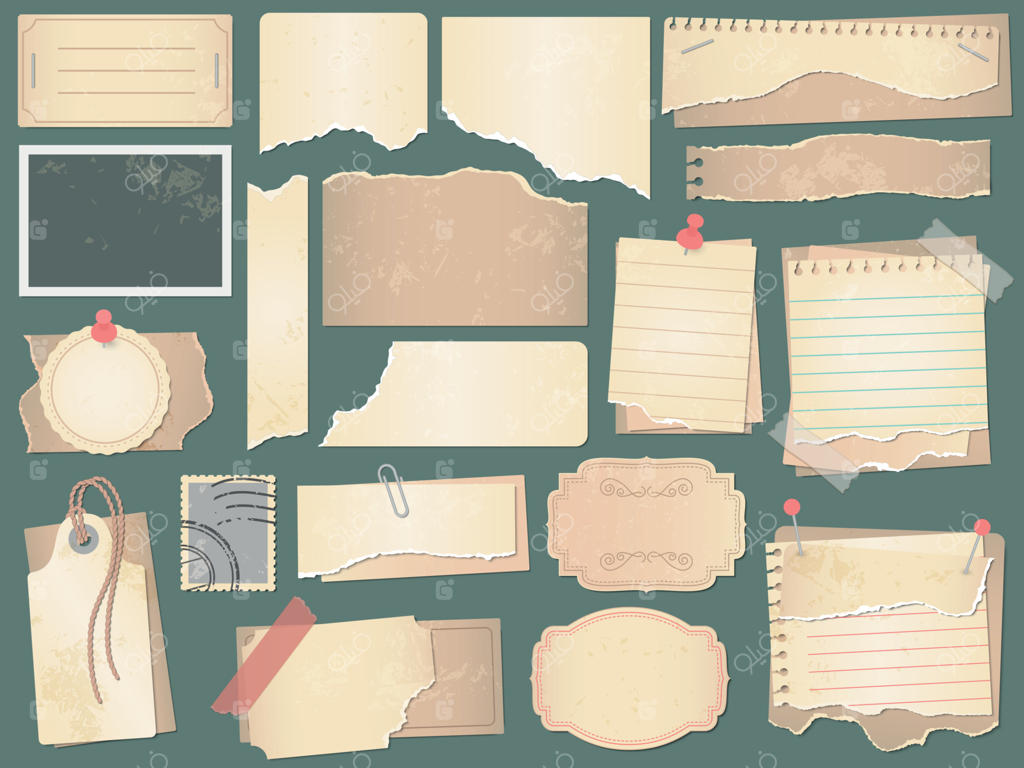 کاغذهای قدیمی دفترچه خاطرات: کاغذهای مچاله‌شده، کاغذهای دفترچه خاطرات قدیمی و تکه‌های کتاب عکس قدیمی - تصویر برداری وکتور