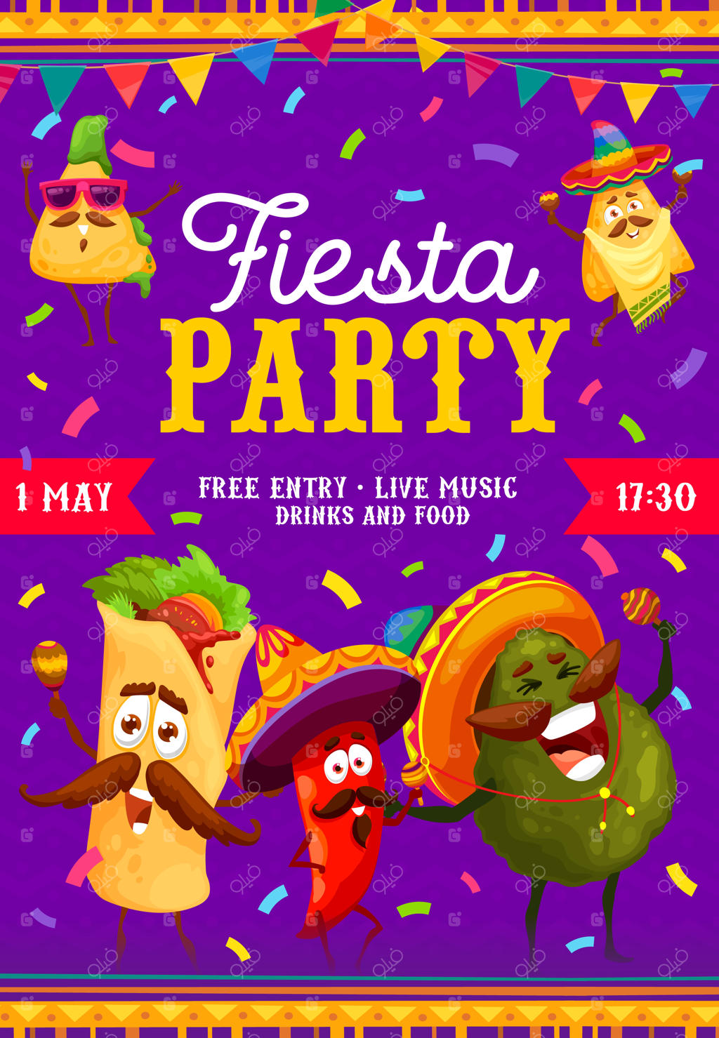 فلایر جشن فیستا با کاراکترهای کارتونی غذاهای مکزیکی