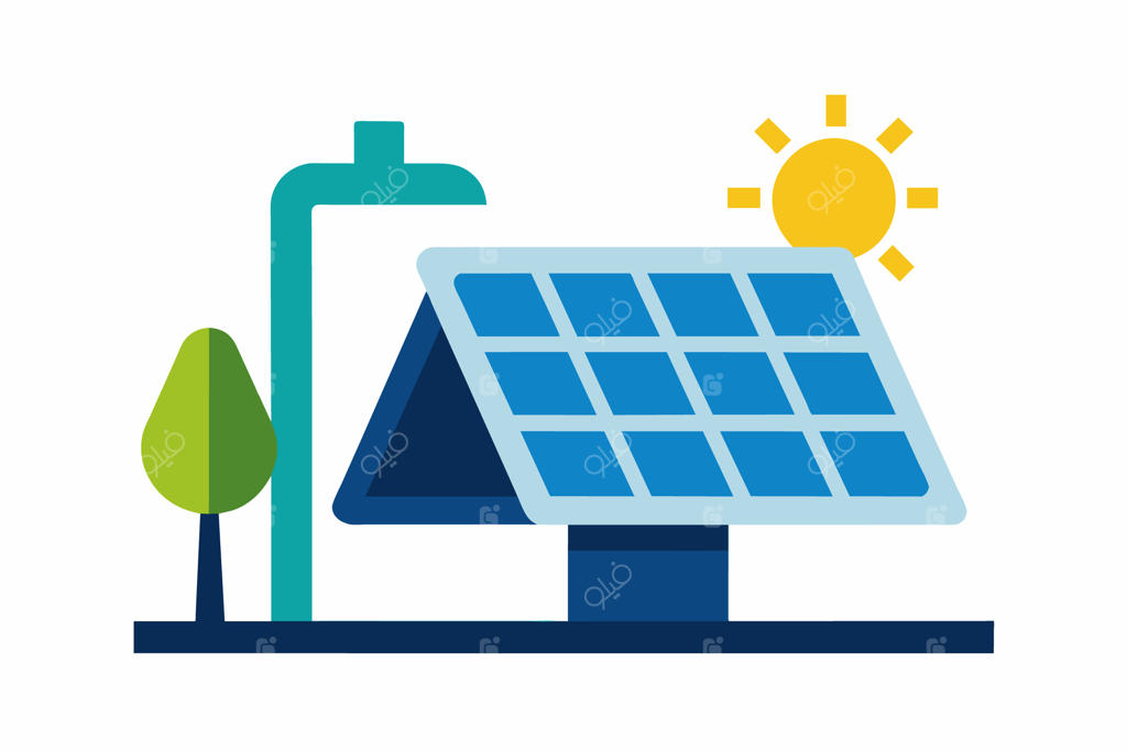 پنل خورشیدی و درخت با نمای خانه و درخت در پس‌زمینه