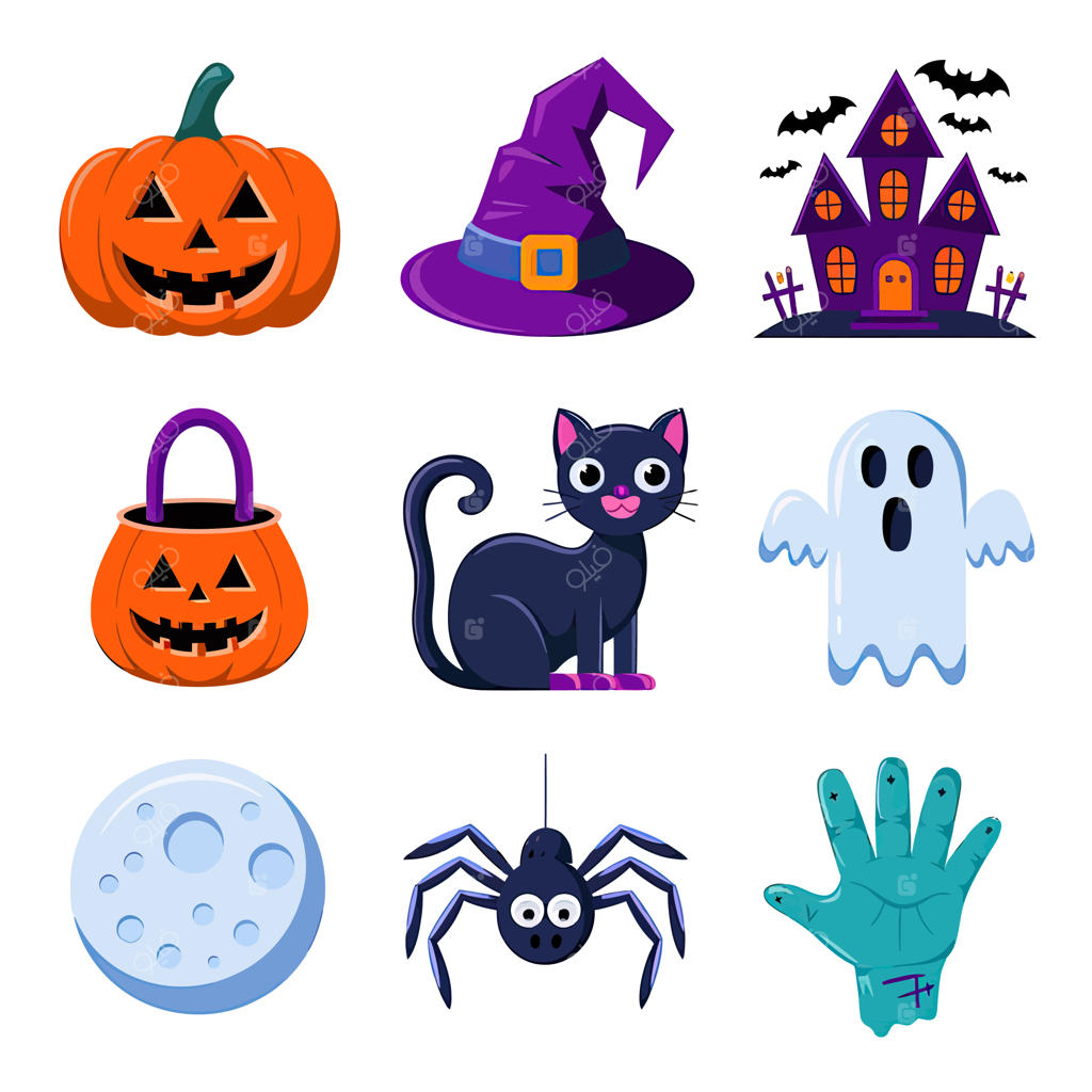 تصویرسازی وکتور دوبعدی عناصر طراحی تیشرت هالووین با کاراکتر روح و شمع داخل کدو تنبل حکاکی‌شده