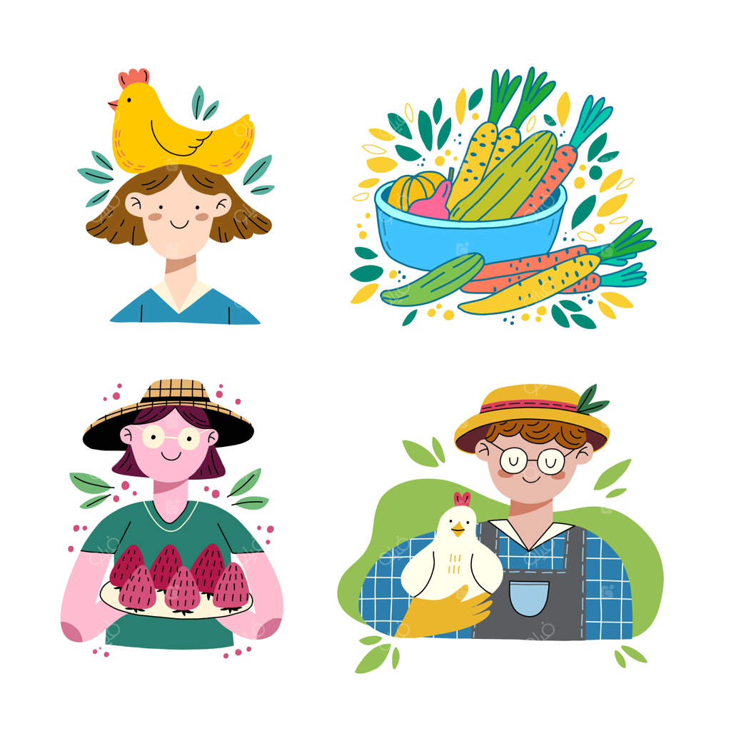 گروه کشاورزان با مرغ و غذای ارگانیک تازه. تصویرسازی دستی با مردم