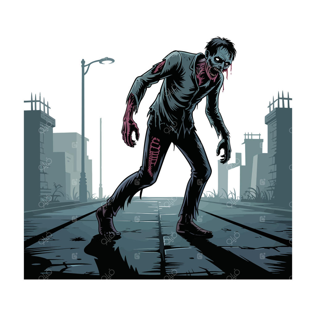 تصویرسازی آخرالزمان مردگان متحرک و سایه در حال قدم زدن روی جاده ترک‌خورده در منظره شهری