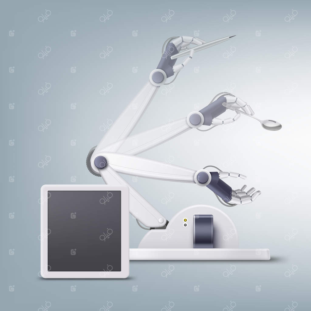 مفهوم دست رباتیک خیالی با خودکار و قاشق در زمینه‌ای روشن