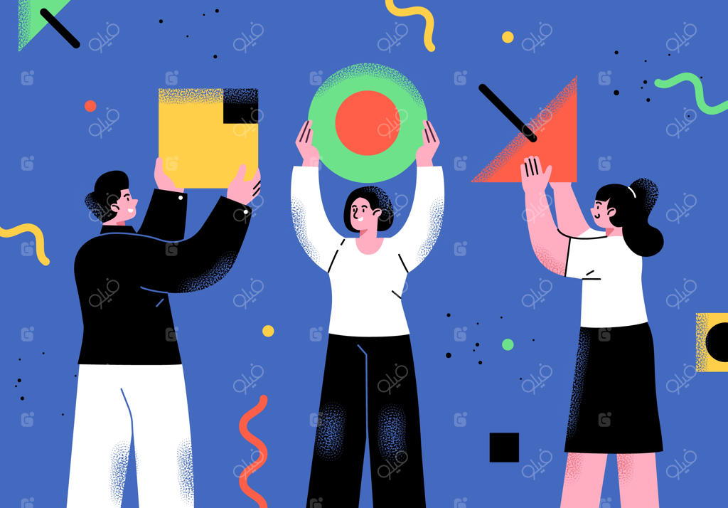 شخصیت‌های بیزینسی به سبک فلت در محیط اداری - تصویرسازی فضای کسب‌وکار غیررسمی