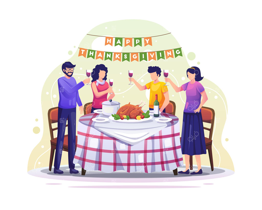 خانواده خوشحال با جشن شکرگزاری و صرف شام دور میز جشن می‌گیرند - تصویر غذا