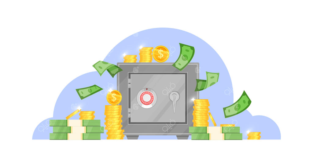 گاو صندوق بانکی با پول‌های در حال پرواز، سکه‌های دلاری جمع شده و درب قفل شده مطمئن.