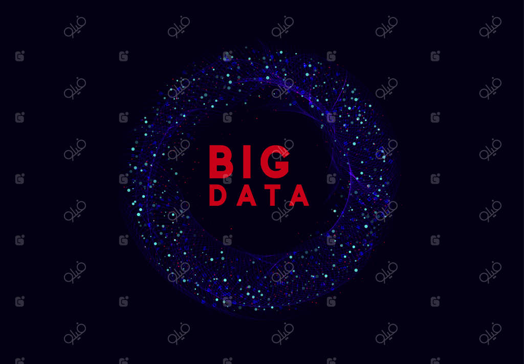 تکنولوژی داده‌های کلان: پترن انتزاعی و دیجیتال در پس‌زمینه آبی. گرافیک سه‌بعدی آینده‌نگر. تصویرسازی وکتور.