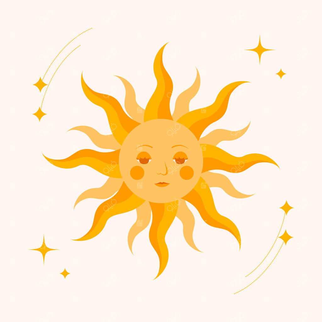 خورشید کارتونی بامزه با پرتوهای موج‌دار و چهره‌ای زیبا که دورش را ستاره‌ها احاطه کرده‌اند. ایده‌آل برای اتاق نوزاد، اتاق کودکان، اتاق‌خواب، طرح‌های چاپی روی لباس کودکان، پیژامه، دعوت‌نامه‌ها و مواد آموزشی.