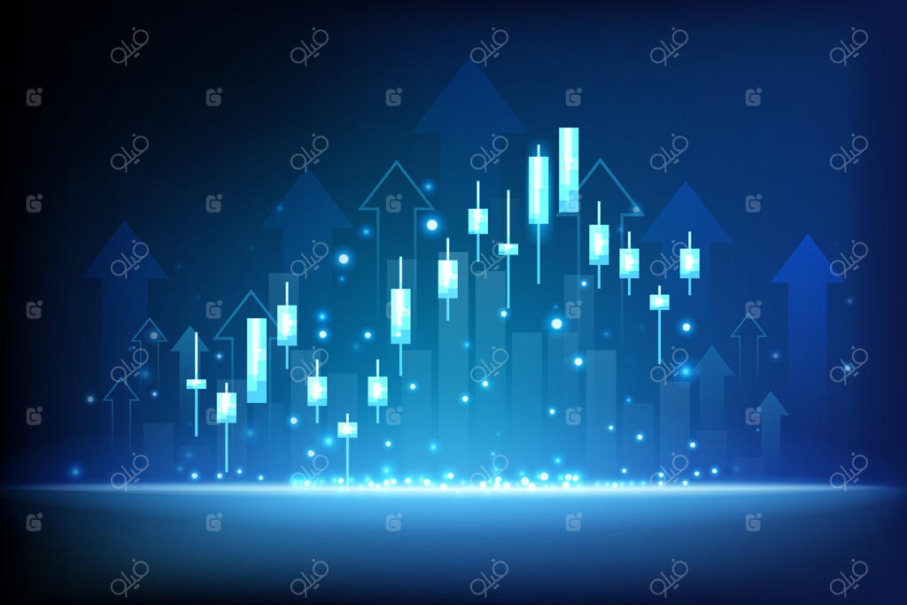 نمودار شمعی بازار سهام با فلش رو به بالا و زمینه آبی دیجیتال فناوری مالی کسب‌وکار