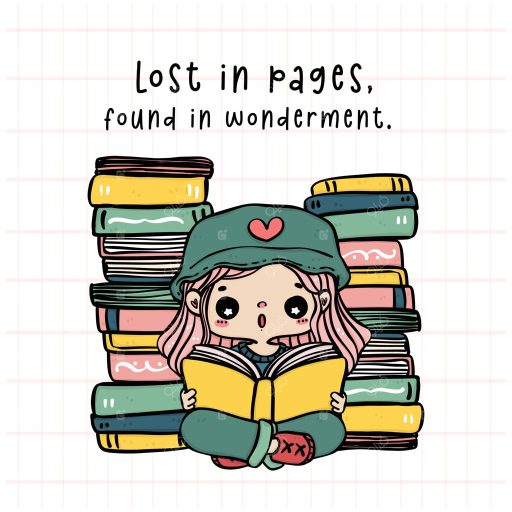 دختر دانش‌‌آموز کتاب‌خوان و خندان در میان انبوهی از کتاب‌ها. لذت خواندن در طرحی شاد و رنگارنگ