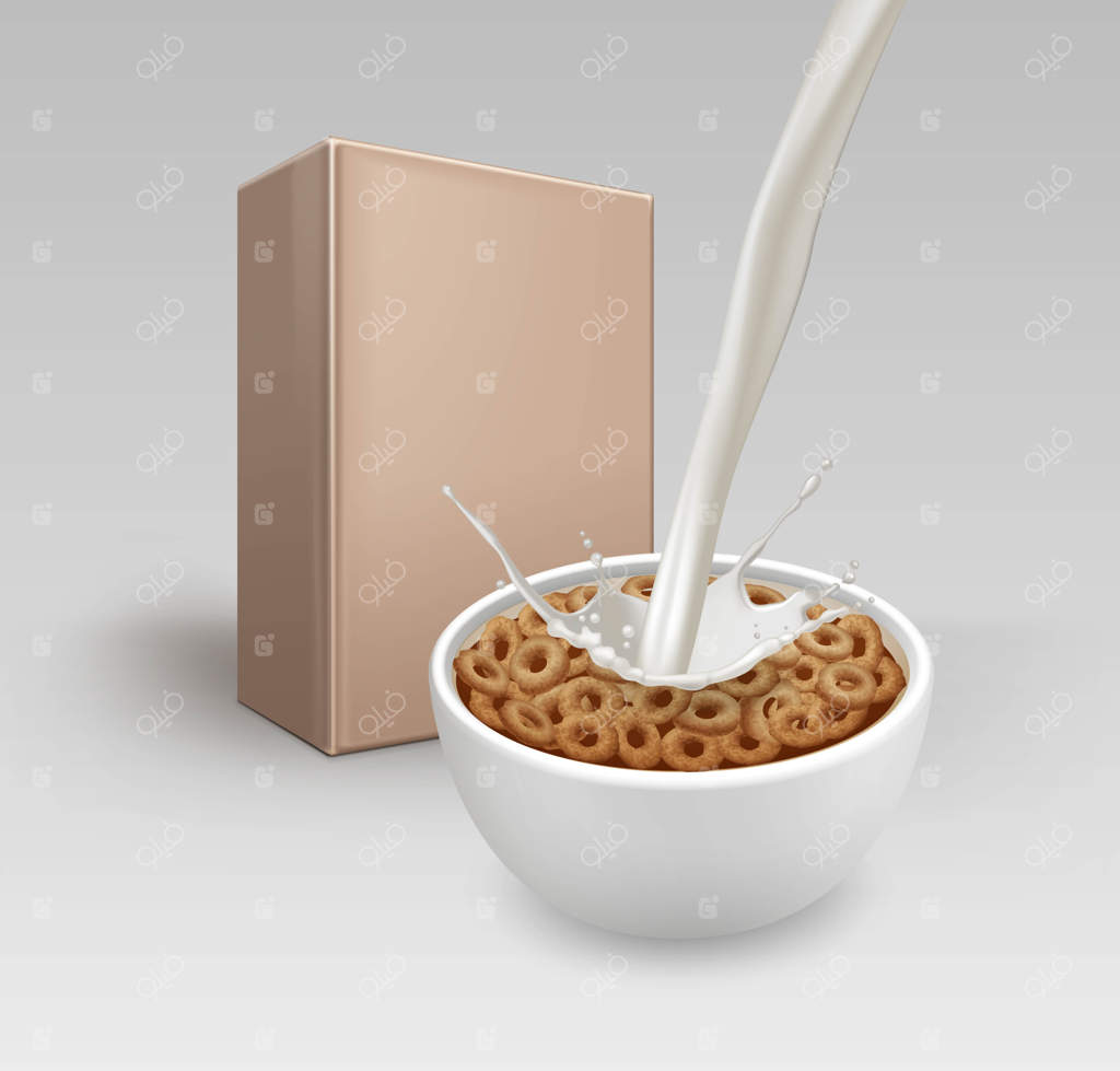 تصویر حلقه‌های ذرت صبحانه واقعی در کاسه سفید به همراه پاشیدن شیر و جعبه آن