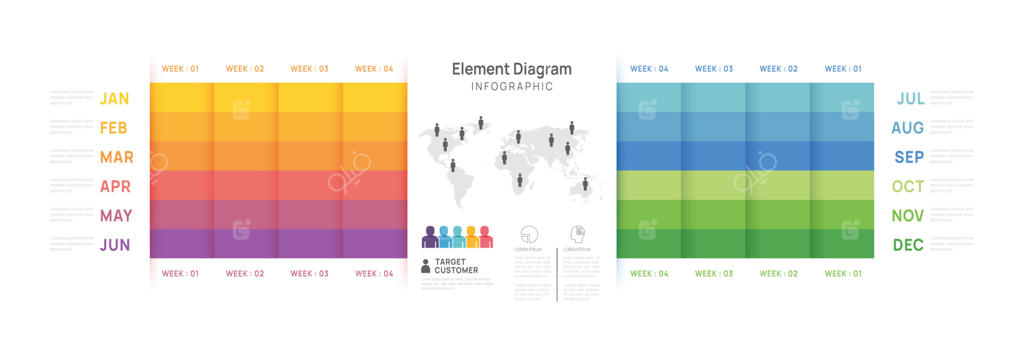 الگوی اینفوگرافیک برای کسب‌وکار: نمودار زمانی مدرن ۱۲ ماهه، ارائه گام‌های کلیدی در ۴ فصل، اینفوگرافیک وکتور.