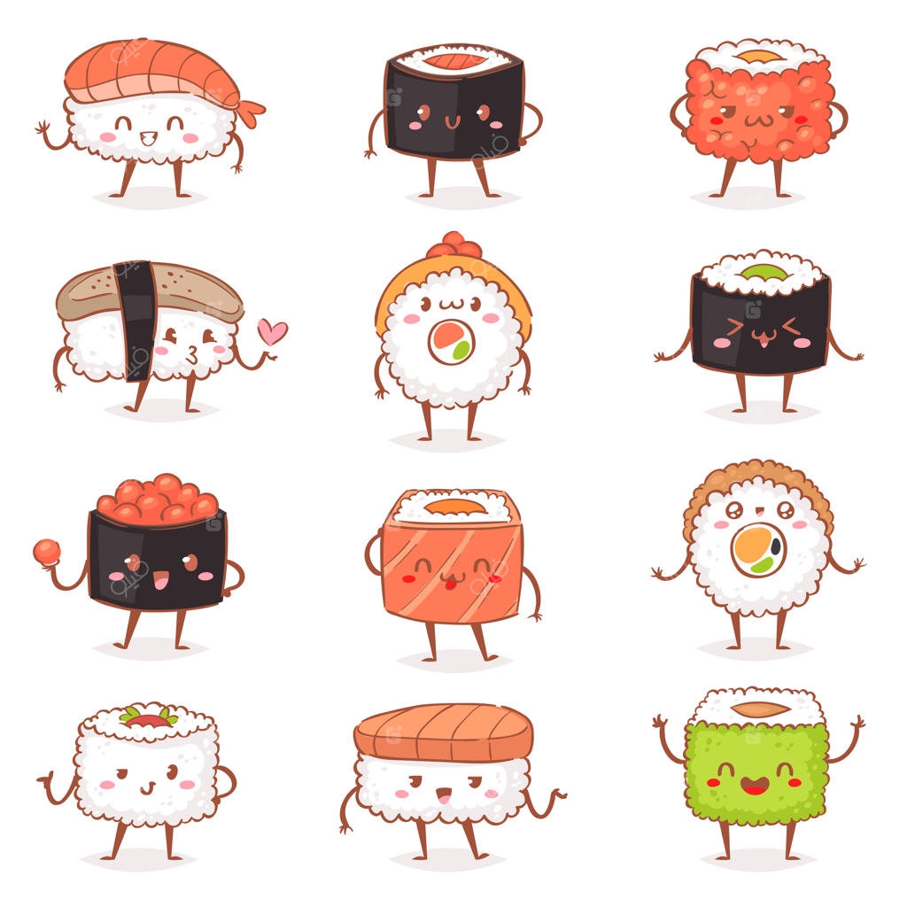 سوشی: تصویر وکتوری غذای ژاپنی - نگاهی به ساشیمی، رول‌ها و احساسات ایموجی در رستوران‌های ژاپن