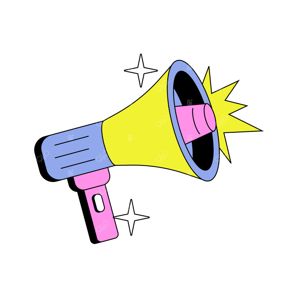 تصویری کارتونی از یک بلندگو با دمی صورتی و آبی