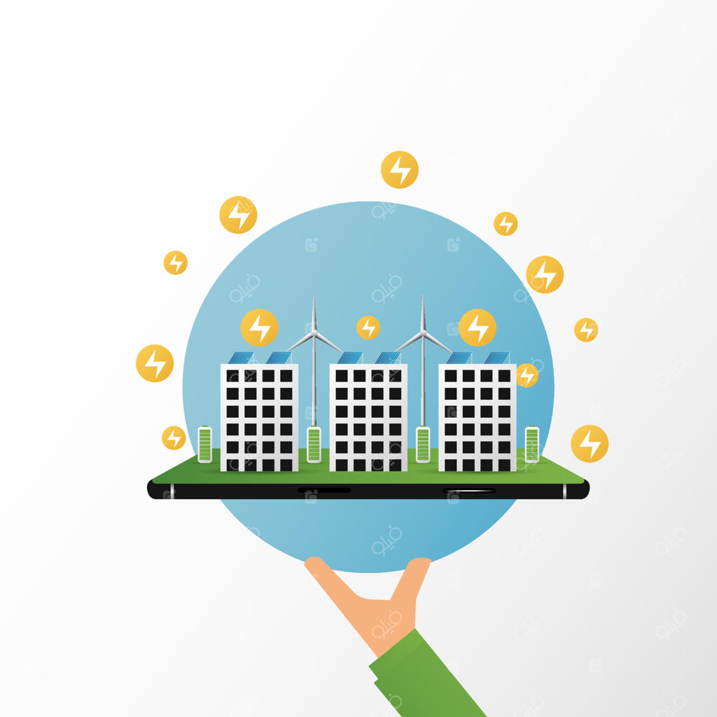 معماری سازگار با محیط زیست: طرحی سبز و پایدار. ساختمان با بهره‌گیری از طبیعت، پنل‌های خورشیدی و توربین بادی، تصویرسازی برای وب‌بنر.