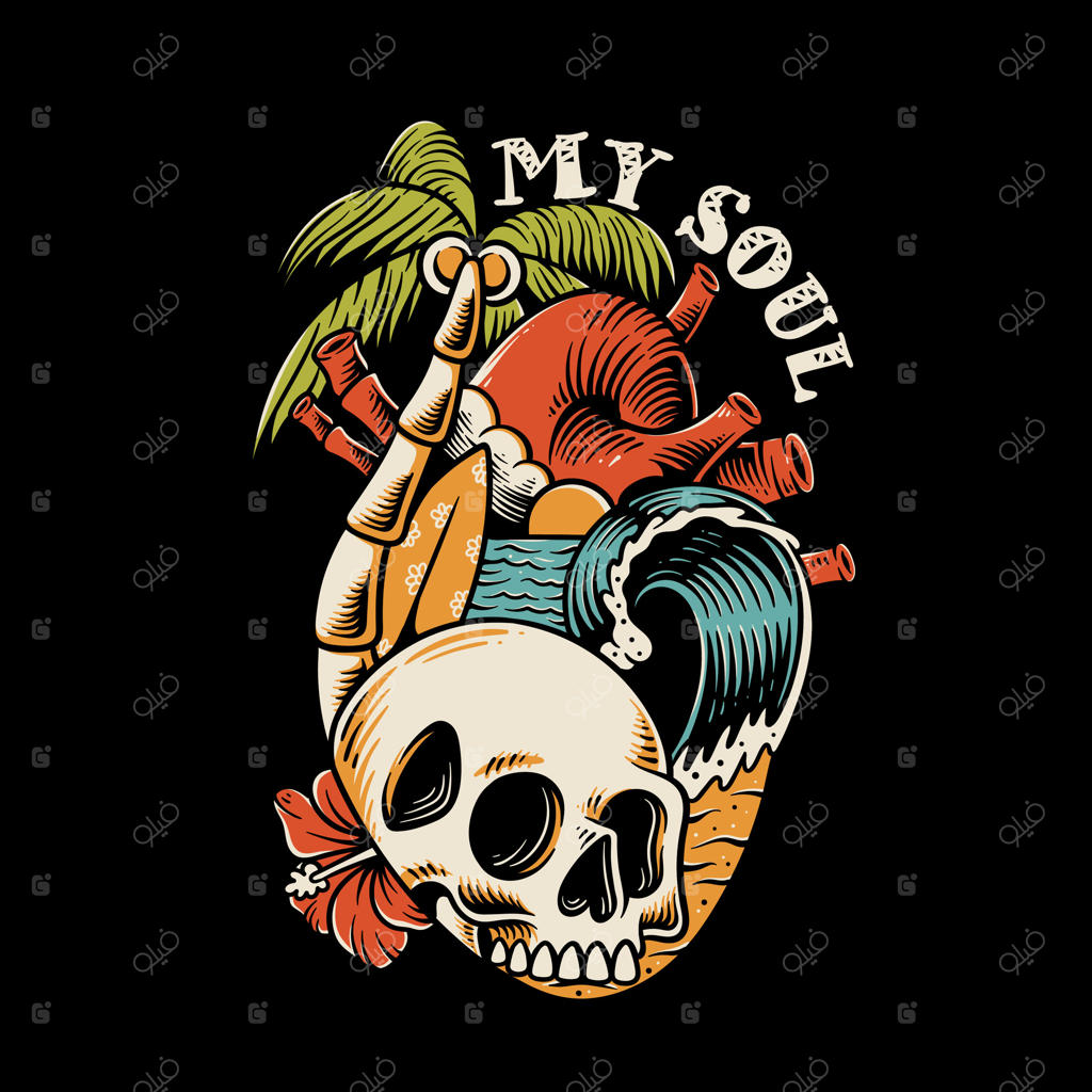 قلب جمجمه، قلب تابستان، طراحی وینتیج قلب تابستانی، موج‌هایی در قلب، تصویرسازی پوشاک