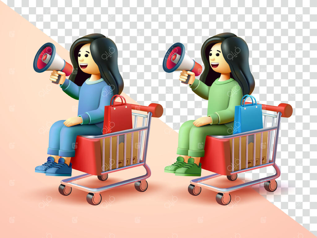 زن با بلندگو در حال نشستن روی چرخ‌دستی. تصویر سه‌بعدی مناسب برای تبلیغات و طراحی عناصر بصری